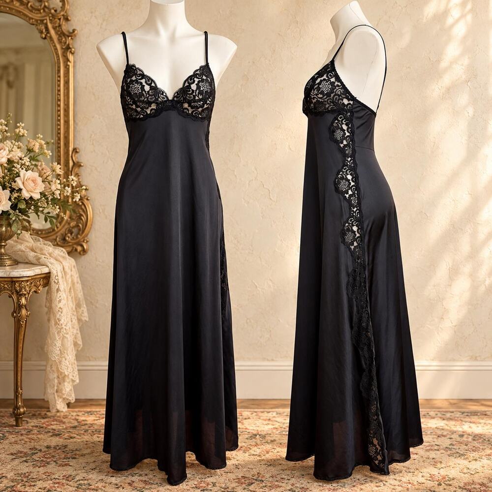 Vintage Miss Elaine 1970s Black Nylon Nightgown Side Lace Trim Size Small